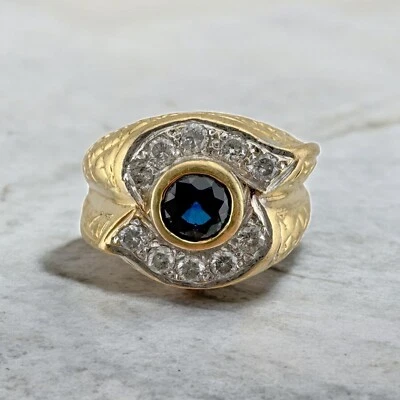 Anillo vintage de oro amarillo de 14k de 0,65 quilates con zafiros y diamantes en forma de S para hombre 12,9 g Foto 1 de 4