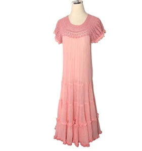 Boho Maxi Dress Womens Small Crochet Bodice Peach Pink Cotton Gauze Full Skirt - Picture 1 of 13