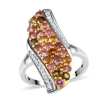 Anillo de cóctel multiturmalina enchapado en platino y vermeil de 2,00 ctw talla 7 Foto 1 de 4