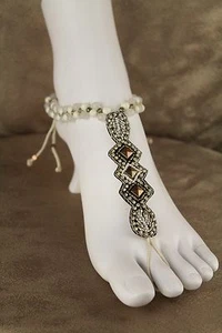 BOHO Barefoot Sandals Gold w Multi Color Turquoise or Pearl Beads 1-Pair - Picture 1 of 16
