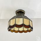 Vintage Tiffany Style Stained Slag Glass Semi Flush Ceiling Light 10”W x 9-1/2”H