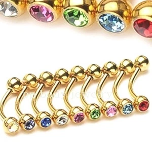 Gold Plated Surgical Steel Double Gem Curved Barbell Eyebrow Ring 16G 1/4"- 1/2" - Picture 1 of 1