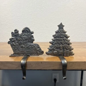 Vintage Christmas Tree & Santa Stocking Holders Shelf Sitters Cast Iron Metal - Picture 1 of 16