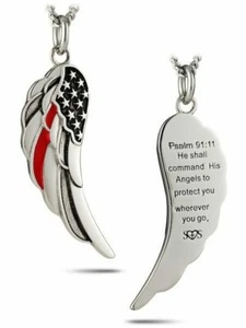 Women's Angel Wing with Thin Red Line Flag Necklace-Ps 91:11 Shields of Strength - Picture 1 of 4