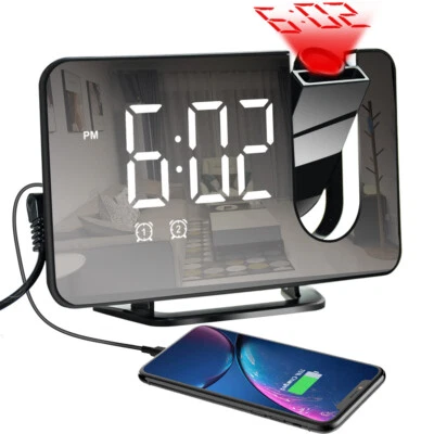 Projection Alarm Clock Digital LED Display Snooze FM Radio Dual Alarm Clock USB - Image 1 of 4
