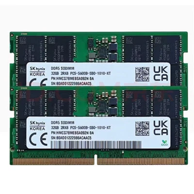 Hynix 64GB 2X32GB DDR5 5600MHz PC5-44800 2RX8 SODIMM Memory Ram HMCG88AGBSA092N - Image 1 of 4