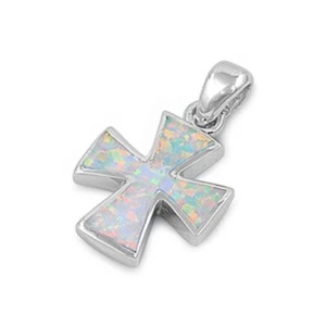 Tapered Biker Cross Pendant White Simulated Opal .925 Sterling Silver Charm - Picture 1 of 2