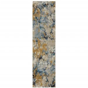 12' Runner Gold Grey and Ivory Abstract Power Loom Runner Rug - Picture 1 of 1