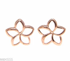 14MM 14K SOLID PINK ROSE GOLD HAWAIIAN SHINY OPEN PLUMERIA FLOWER EARRINGS - Picture 1 of 5