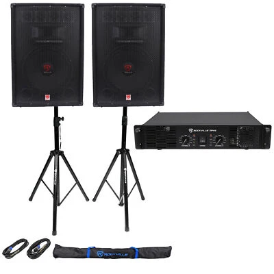 (2) Rockville RSG15.4 15" PA Speakers + Rockville RPA9 Amp + Stands+Cables+Case - Image 1 of 4