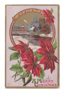 A Merry Christmas, Poinsettia, Rural Scene In Winter, Vintage Embossed Postcard - Bild 1 von 2