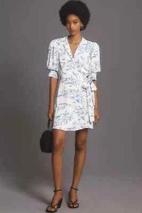 Mini robe Anthropologie Maeve manches courtes col enveloppant sp neuve bleue avec étiquette - Photo 1/16