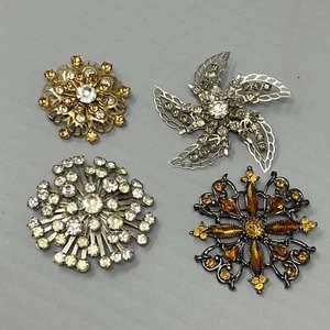Rhinestone Flower Brooch Lot of 4 Silver Gold Tone Yellow Clear Rhinestones VTG - Picture 1 of 16