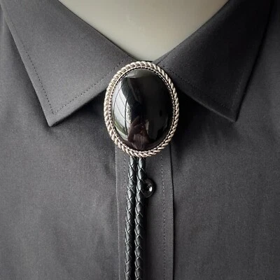 Natural Black Onyx Bolo Tie Alloy Leather Rope Cowboy Western Wedding Necklace - Image 1 of 4