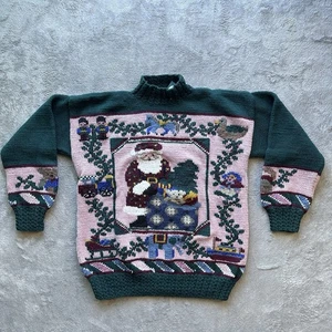 VTG 80s South Wool Hand Knit Santa Christmas Sweater Women’s M 100% Wool Button - Picture 1 of 15