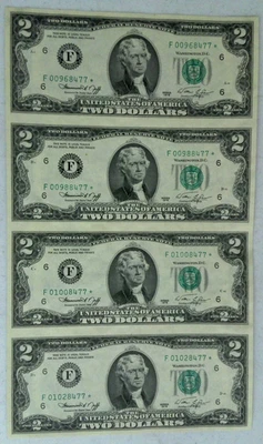 1976 UNCUT SHEET OF 4 $2 TWO DOLLAR STAR  NOTES Atlanta F00968477* - Image 1 of 3