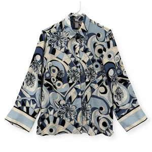 H&M Satin Blouse Womens XS Abstract Print Button Up Long Sleeve Silky Top NWT - Picture 1 of 8