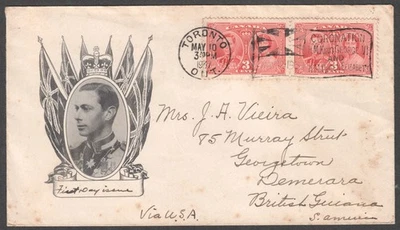 1937 CANADA  KGVI Coronation FDC To BRITISH GUIANA First Day Cover via USA - Image 1 of 2