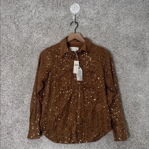 Camicia donna Anthropologie XXS bronzo rame paillettes bottoni davanti top - Foto 1 di 11