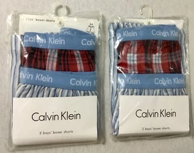 2 Paquetes Calvin Klein Niños Ropa Interior 4 CAJAS Corto Azul Rojo Rayas Talla 6-7 S Foto 1 de 2