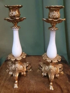 Antique French Candlestick Holder Pair Brass Spelter White Marble Lions c1830 - Bild 1 von 12