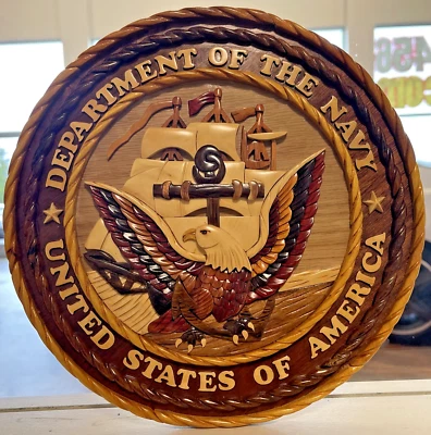 Placa de pared vintage del Departamento de Marina 11" redonda madera de caoba sello colgante Foto 1 de 4