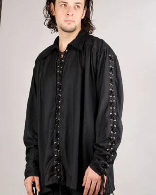 Pirate/Renaissance Shirt Men's Blk Laced Front & Sleeves Rayon Costume Shirt Lg - Изображение 1 из 4