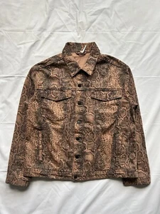 Free People Denim Jacket Button Up Snake Skin Print Brown Womens Size 16 Large - Picture 1 of 11