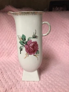 White Porcelain Pitcher with 1 Rose with Gold Accents. Gold Around Top Front - Picture 1 of 11