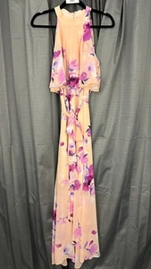 Eliza J Halter Hi Low Maxi Dress 10 Pink Floral Flowy Overlay Chiffon Wedding - Picture 1 of 17