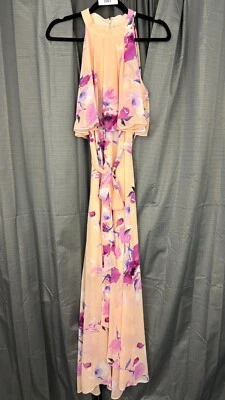 Eliza J Halter Hi Low Maxi Dress 10 Pink Floral Flowy Overlay Chiffon Wedding - Image 1 of 4