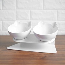 Pet Cat Double Bowls Feeding Bowls For Indoor Pet Cat Ears Plastic Tilted Feeder