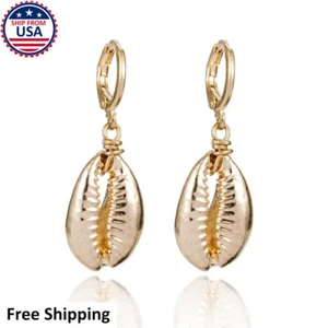 Womens Sea Shell 14k Gold Drop Dangle Earrings Beauty Fashion Jewelry - Picture 1 of 2