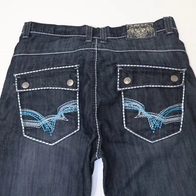 Corto Emcee Vintage Hombre 38 Azul Denim Suelto Solapa Botón Bordado Bolsillos Y2K Foto 1 de 4