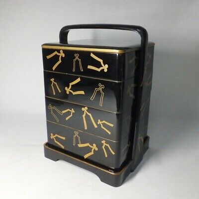 E2680 Japanese Old Lacquered JUBAKO (tier Of Boxes) W/good MAKIE Of Rare Pattern • 59.99$