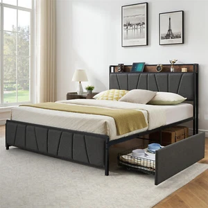 Bed Frame with 2 Storage Drawers and Charging Station Upholstered Platform - Picture 1 of 13