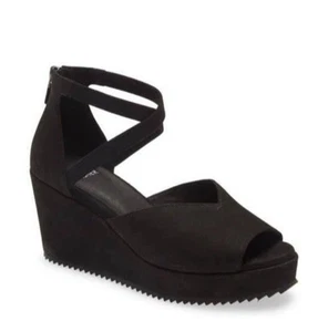 EILEEN FISHER Wylee Platform Wedge Crisscross Straps Heels Suede Black 7 - Picture 1 of 12