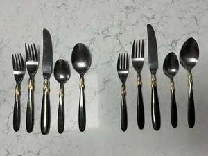 Retroneu BRAID-ONYX GOLD Black 10 Piece Place Setting Stainless Flatware - Picture 1 of 16
