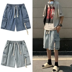 Loose Denim Shorts Men Drawstring Denim Knee Length Pants Summer - Picture 1 of 15