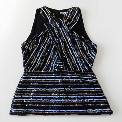 Camiseta sin mangas Zara para mujer M frente cruzado negro blanco dorado lentejuelas fiesta año nuevo Foto 1 de 3