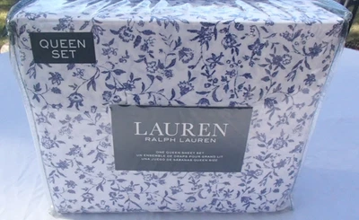 Ralph Lauren Nuevo en Paquete Azul Floral Blanco Algodón Queen Juego de Sábanas Granja Casa de Campo Elegante Foto 1 de 4