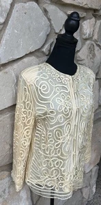 Carole Little Silk Crochet Lace Cardigan Size M/L Yellow Beaded Embellished EC - Bild 1 von 9