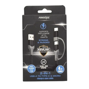 Câble de synchronisation micro charge PowerXcel 2 en 1 USB A vers type C 4 pieds charge rapide - Photo 1 sur 2