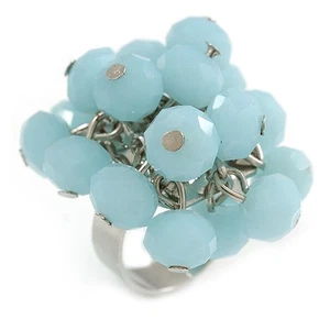 Milky Blue Glass Bead Cluster Ring in Silver Tone Metal - Adjustable 7/8 - Picture 1 of 6