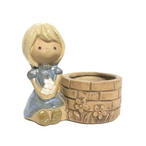 Vintage Art Pottery Votive Candle Holder Girl Sitting by Well UCTCI Stoneware - Picture 1 of 6