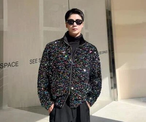 Men's Autumn Fashion Stand Collar Long Sleeve Loose Shine Sequins Party Jackets - Picture 1 of 11