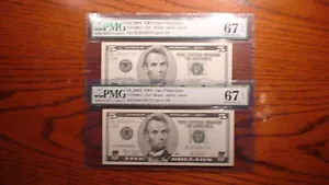 TWO 2003 PMG SUPERB GEM 67 EPQ FIVE DOLLAR *STAR* NOTES 2 HI GRADE $5.00 BILLS! - Picture 1 of 4