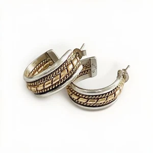 Tahe Vintage 925 Sterling Silver & 1/20 12K Gold Navajo Rope Style Hoop Earrings - Picture 1 of 5