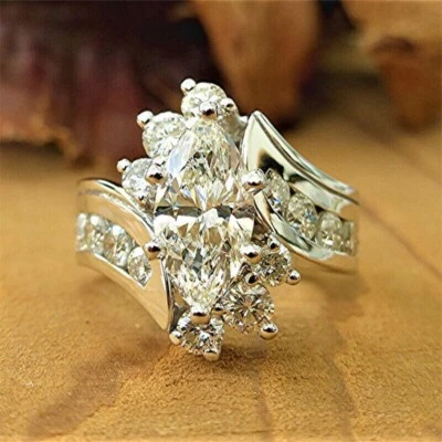 2.80Ct Marquise Cut Real Moissanite 14k White Gold Plated Cluster Wedding Ring - Image 1 of 4