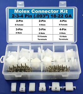 198pcs Molex 2-3-4 Pin Gauge Connector Kit 0.093", Wire Gauge 18-22 AWG
